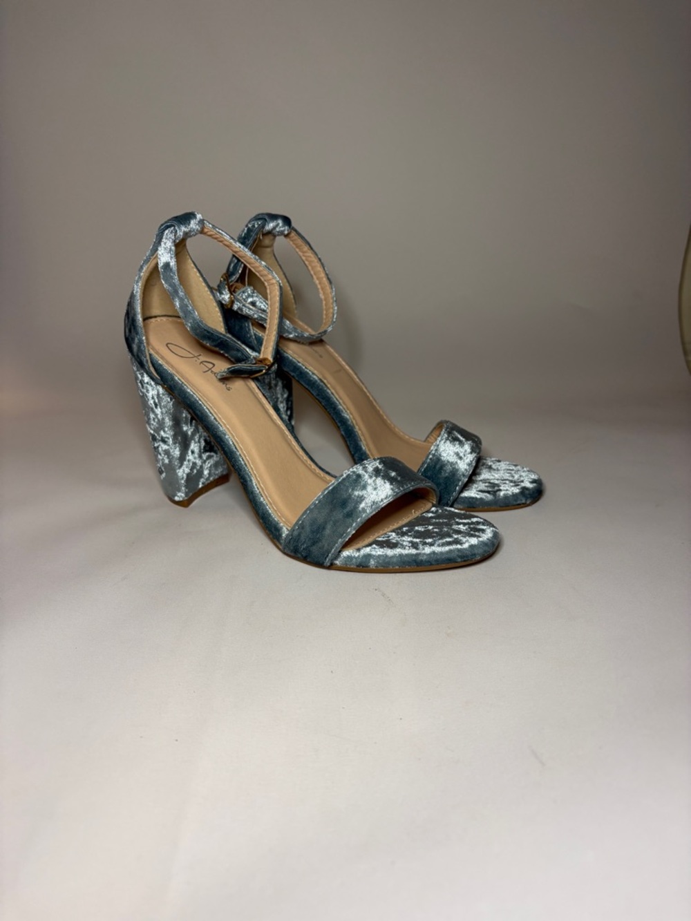 J. Adams Shirley Velvet Block Heel Ankle-Strap Sandals in Silver-Blue Size 7.5
